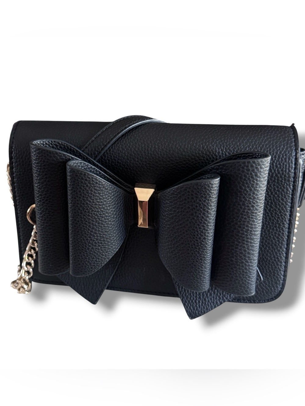 Crossi New York Black Bow Crossbody Bag Pebbled Vegan Leather Gold Chain